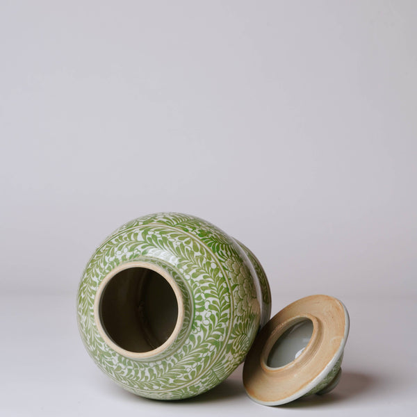 Medium Green and White Porcelain Country Peony Temple Jar