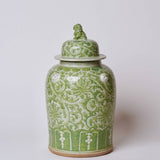 Green and White Porcelain Chrysanthemum Temple Jar