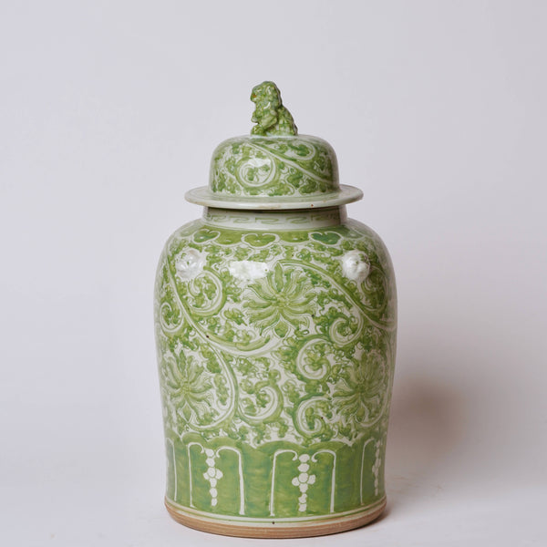Green and White Porcelain Chrysanthemum Temple Jar