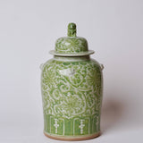 Green and White Porcelain Chrysanthemum Temple Jar