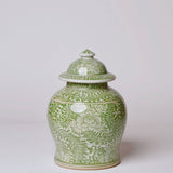 Medium Green and White Porcelain Country Peony Temple Jar