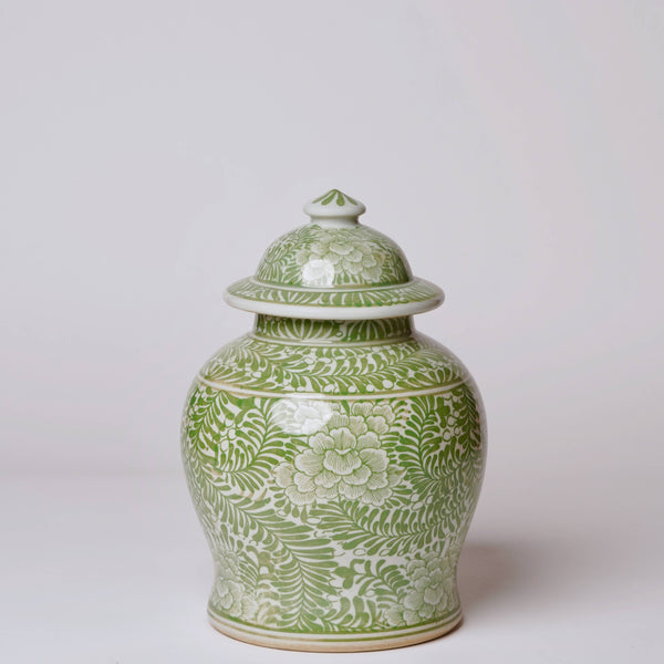 Medium Green and White Porcelain Country Peony Temple Jar