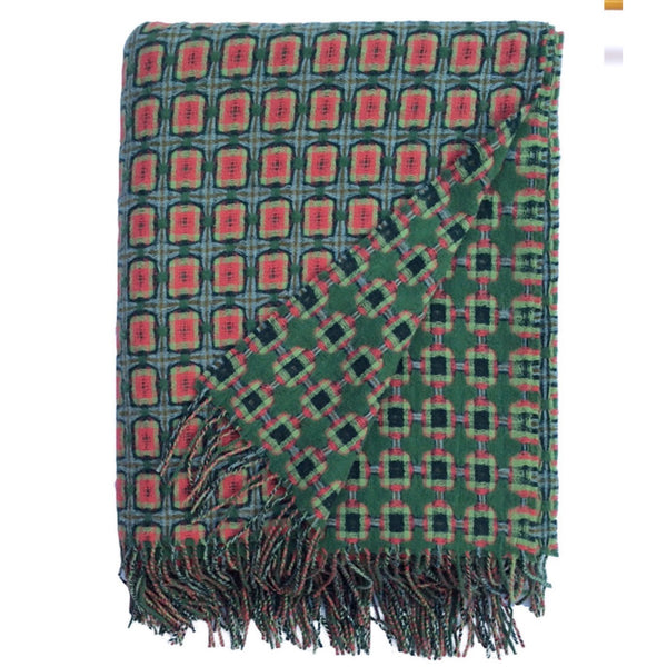 Green and Coral Basketweave Throw