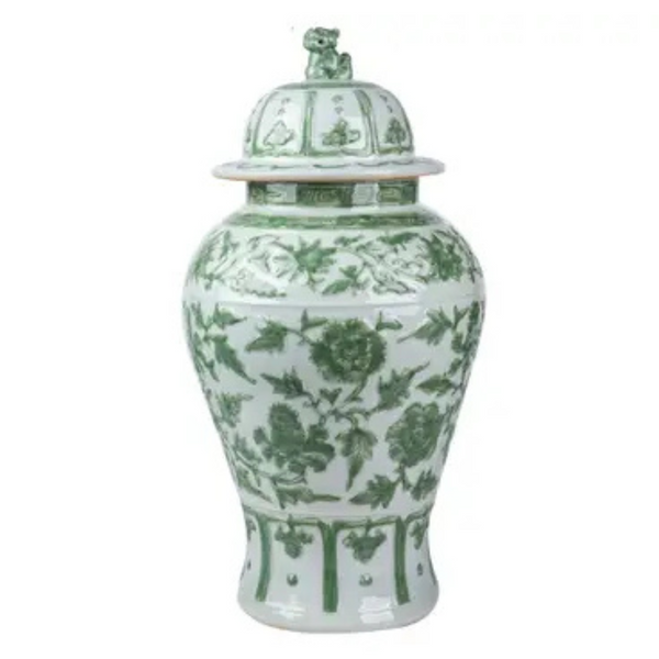 Celadon Green Carved Floral Temple Jar