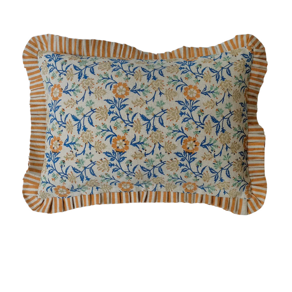 Priya 14" x 20" Handblocked Linen Pillow with Ruffle