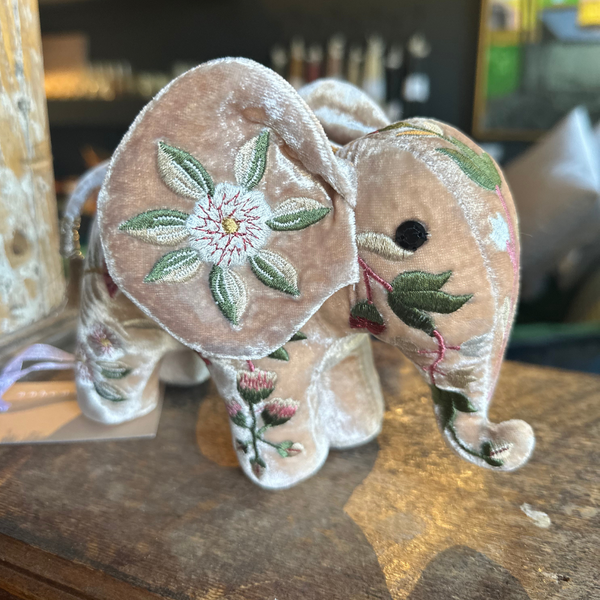 Madame Bovary Silk Velvet Embroidered Mini Elephant in Taupe