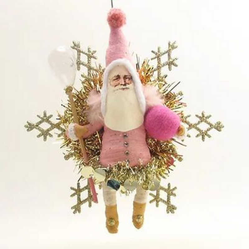 Pink Santa on Gold Snowflake Ornament