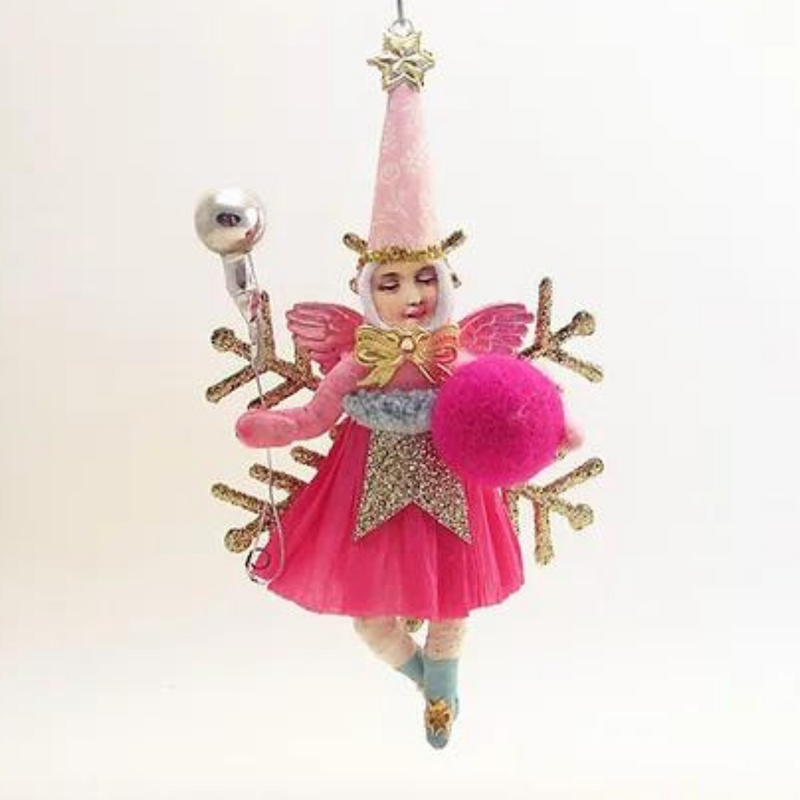 Pink Fairy on Golden Snowflake Ornament