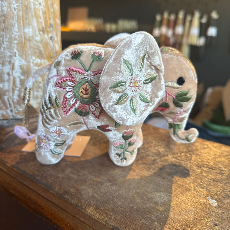 Madame Bovary Silk Velvet Embroidered Mini Elephant in Taupe