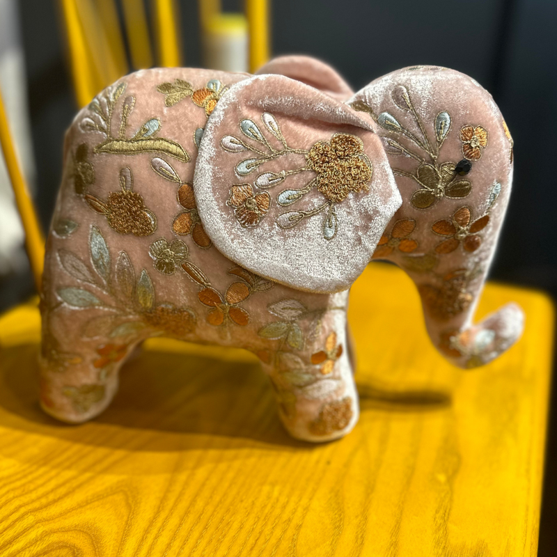 Sona Silk Velvet Embroidered Elephant in Old Rose