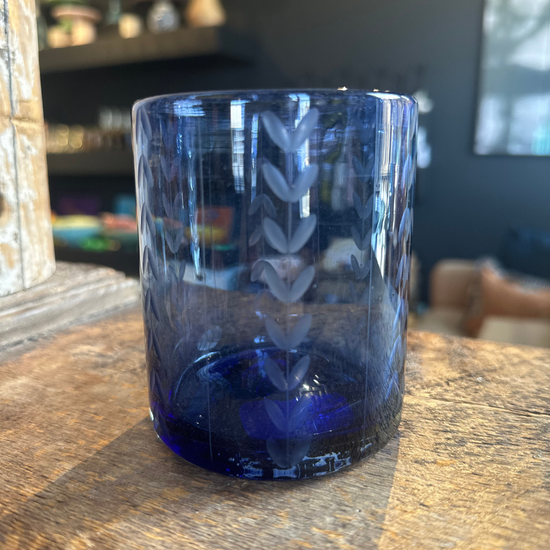 French Blue Etched Old-Fashioned Glass