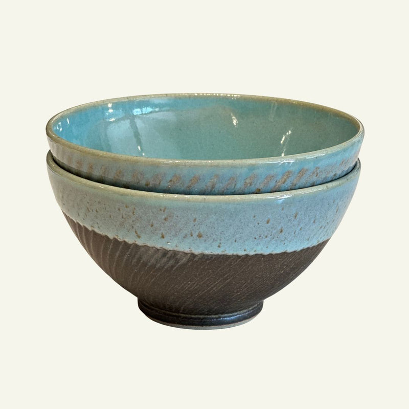Nichibei Blue & Brown Bowl, Medium, Vertical Wave