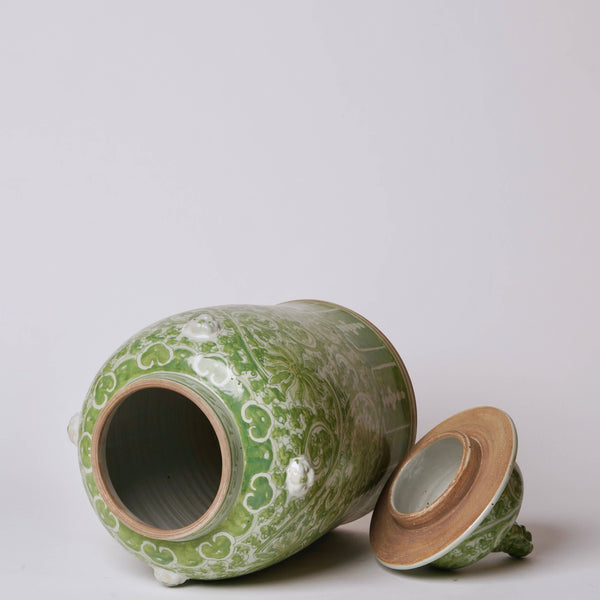 Green and White Porcelain Chrysanthemum Temple Jar