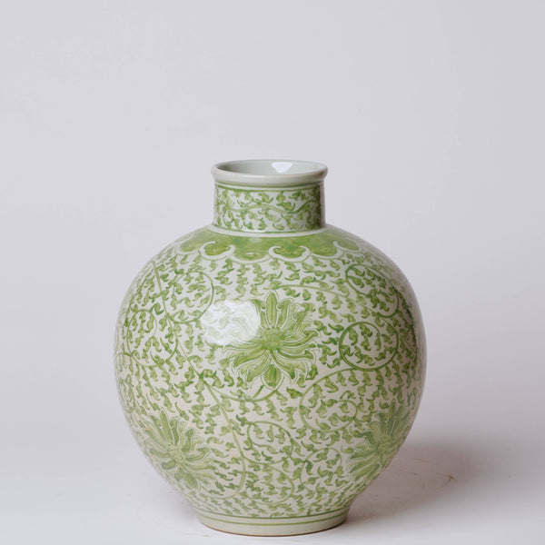 Green and White Porcelain Scrolling Lotus Globe Vase