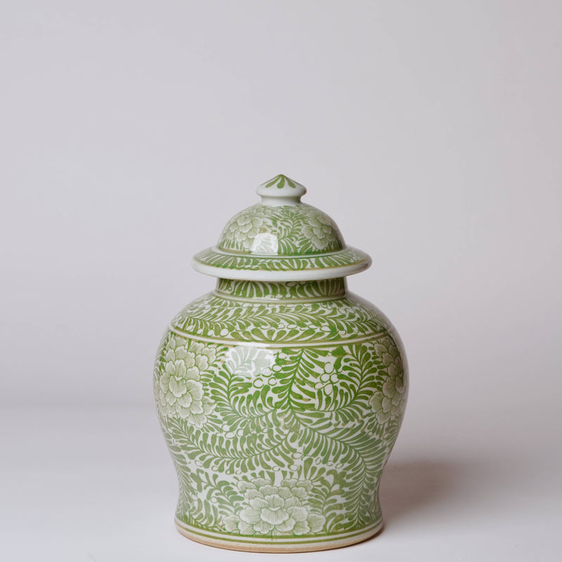 Medium Green and White Porcelain Country Peony Temple Jar