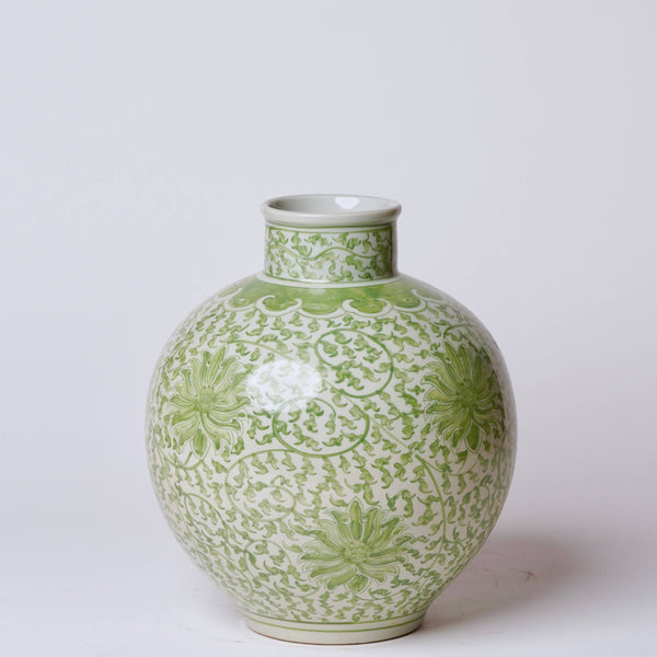 Green and White Porcelain Scrolling Lotus Globe Vase