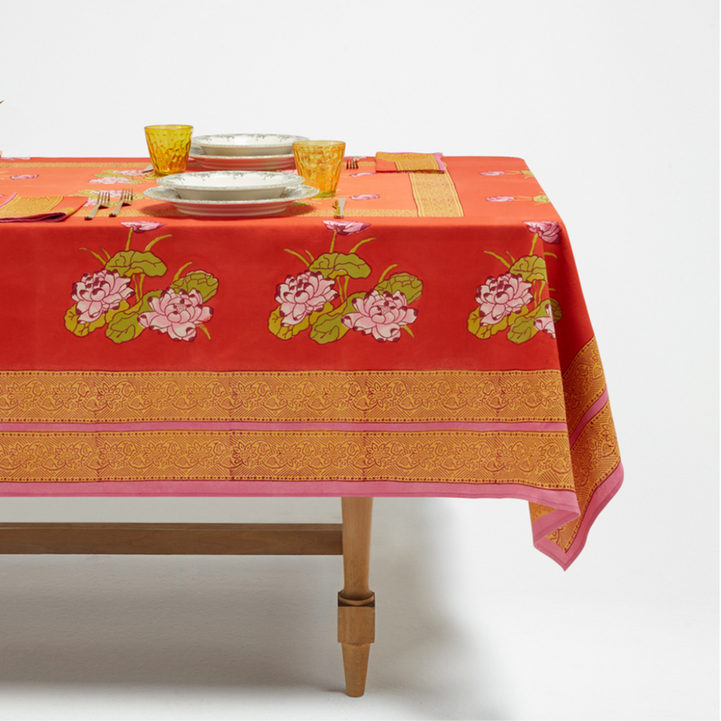 70"x138" Tea Flower Red-Orange Tablecloth