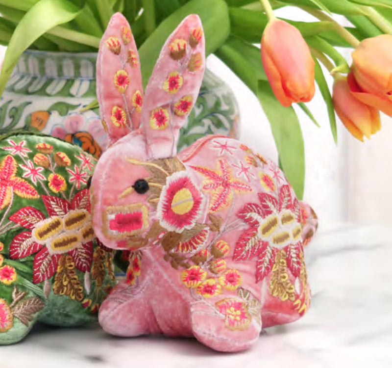 Amy Silk Velvet Embroidered Bunny in Old Rose Stewart House Amy Silk Velvet Embroidered Bunny in Old Rose Stewart House