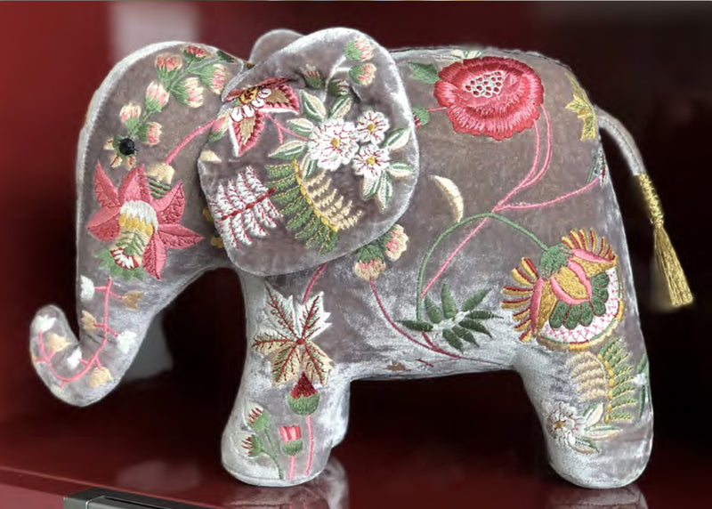 Madame Bovary Silk Velvet Embroidered Elephant in Smoke
